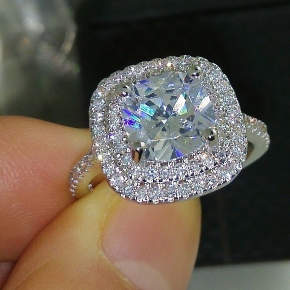 NEW 925 Sterling Silver Diamond Double Halo Ring - Picture 3 of 8